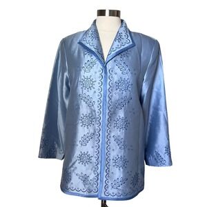 Jolie Eric Gaskins 100% Silk Embroidered Blue‎ Jacket Blazer Women's Medium Flaw